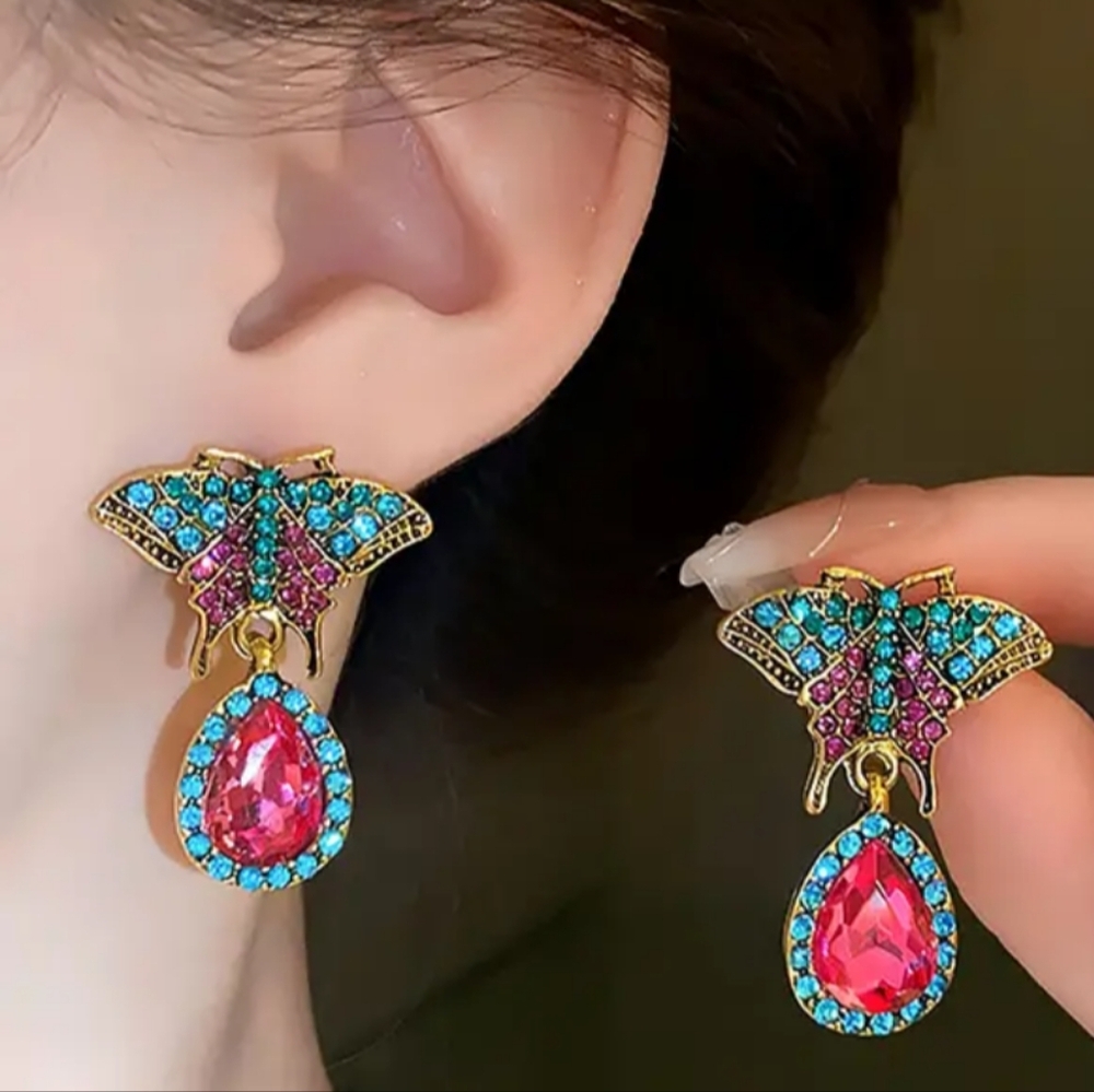 Elegant Western Barbiecore Gold Butterfly Gift Earrings Pink Blue‎ Green-(#0262)